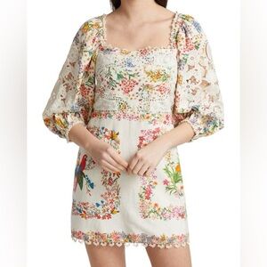 Farm Rio Delicate Forest Scarves Billowy-Sleeve Embroidered Minidress - Size M